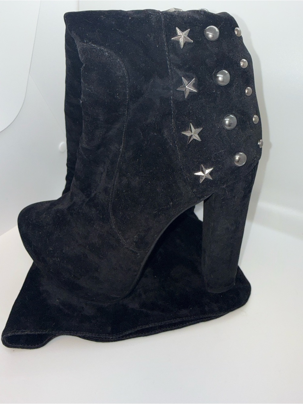 Women's Black Suede High Heel Ankle Boots with Stud & Star Detail